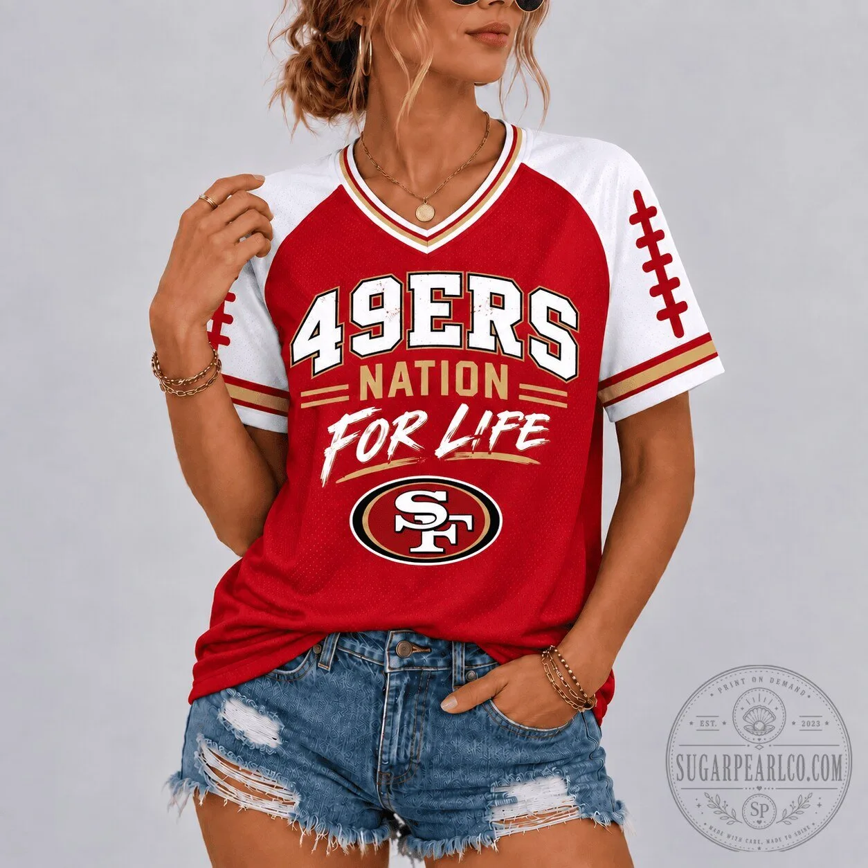 San Francisco 49ers Nation For Life V-Neck Football T-Shirt