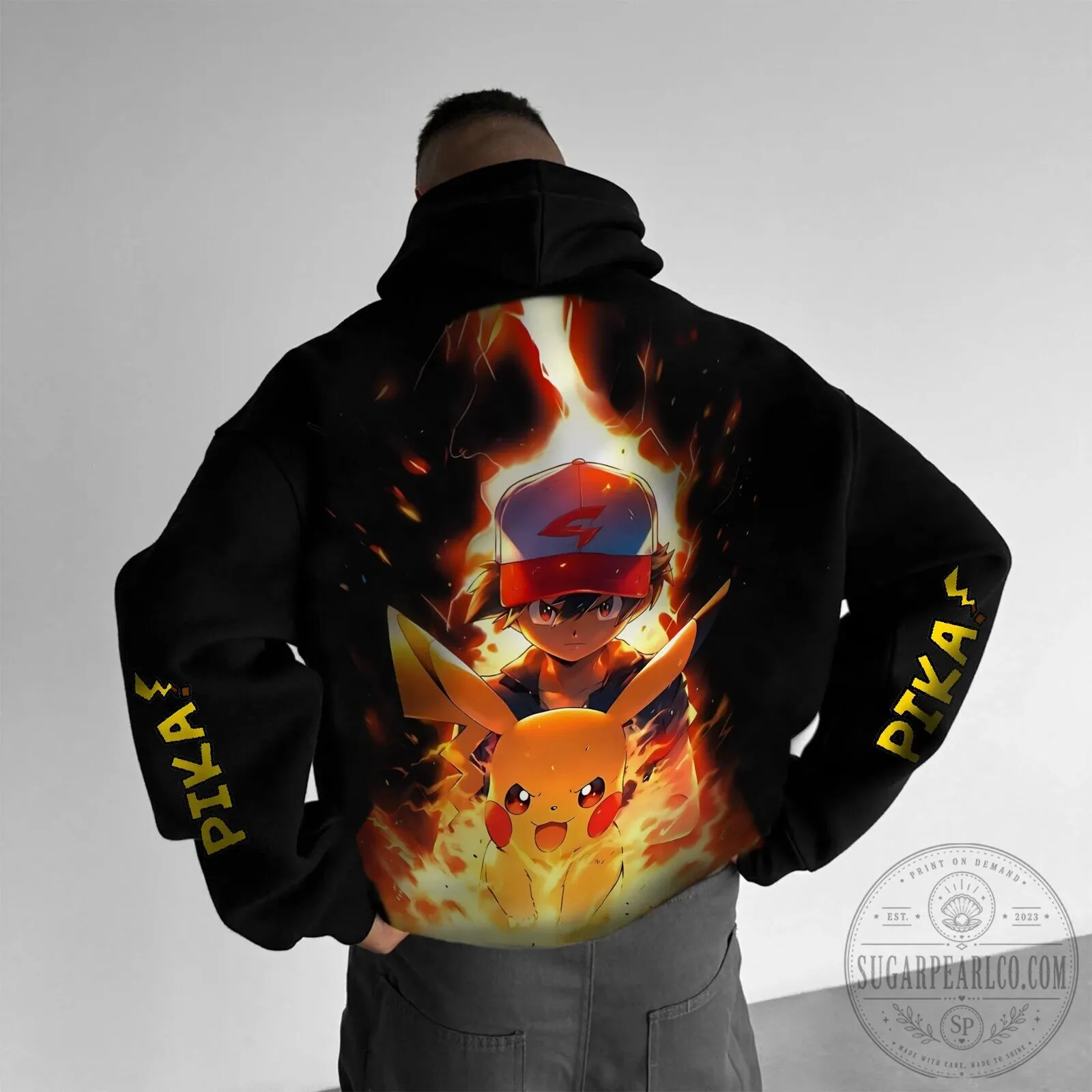 Pokemon Ash Ketchum and Pikachu Fire Graphic Black Pullover Hoodie 3 Pokemon Ash Ketchum and Pikachu Fire Graphic Black Pullover Hoodie