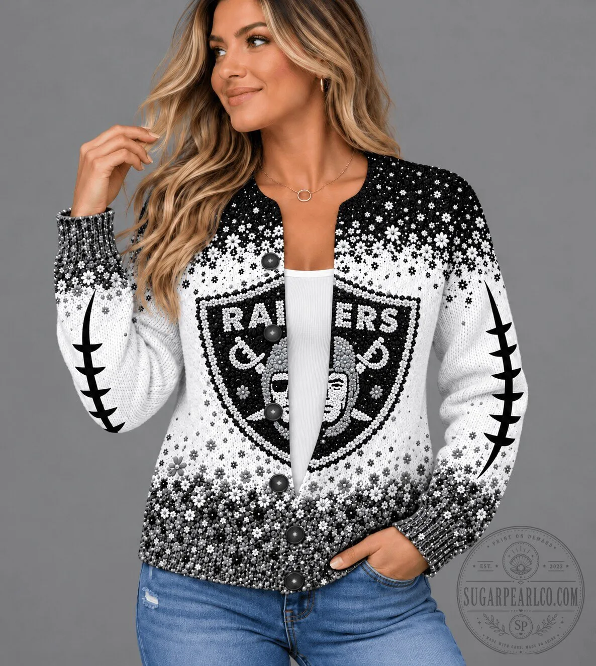 Las Vegas Raiders Football Team Floral Cardigan Sweater